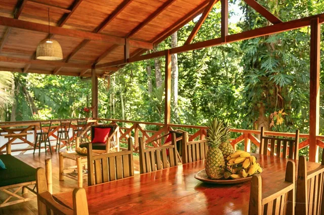 Überdachte Holzveranda mit großem Tisch, Schale mit Ananas und Bananen und Blick in dichten Regenwald