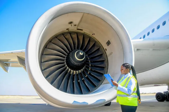 Technikerin in Warnweste inspiziert großes Flugzeugtriebwerk bei klarem Tageslicht.