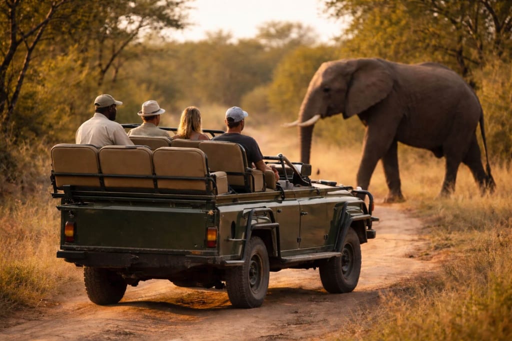 Offenes Safari-Fahrzeug mit vier Personen beobachtet ein großes Wildtier, goldenes Abendlicht in der Savanne.