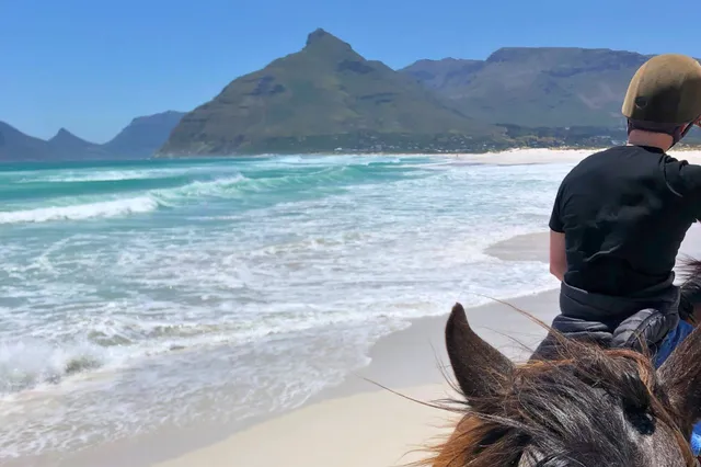 Blick vom Pferderücken auf Strand und türkisfarbenes Meer mit Bergen im Hintergrund.