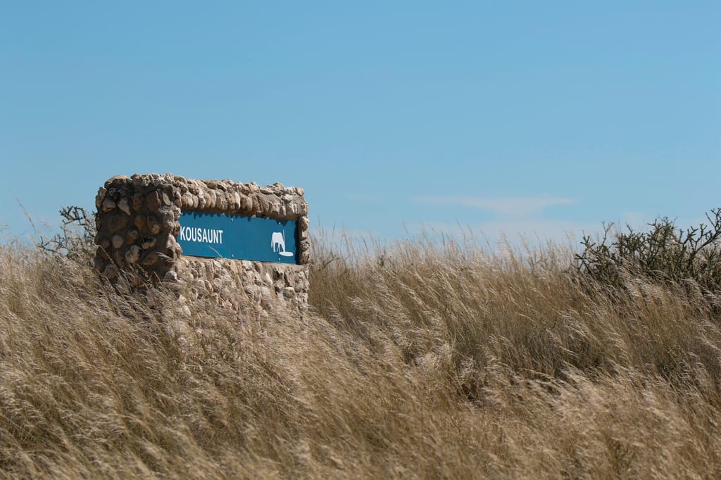 Steinschild mit blauem Schild und Elefantenpiktogramm in trockenem Gras unter blauem Himmel.