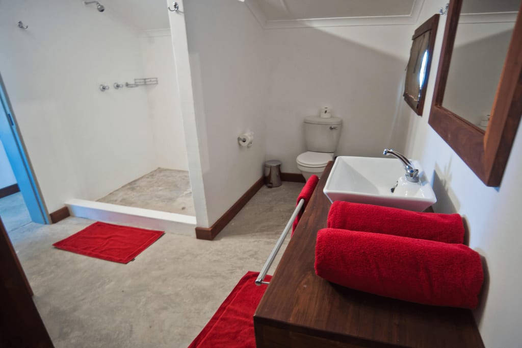 Badezimmer mit begehbarer Dusche, WC, Waschbecken und roten Handtüchern