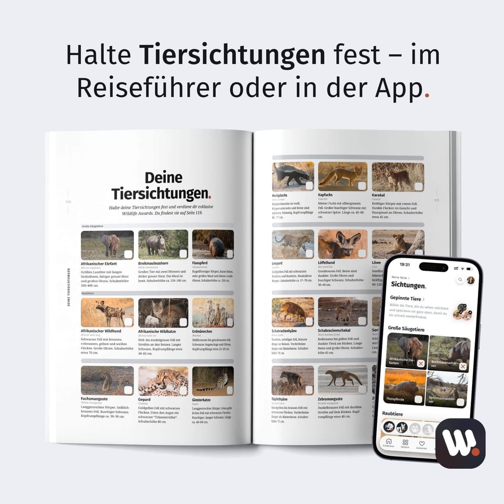 Aufgeschlagener Reiseführer mit Tierfotos und Smartphone-App in hellem Studiolicht.
