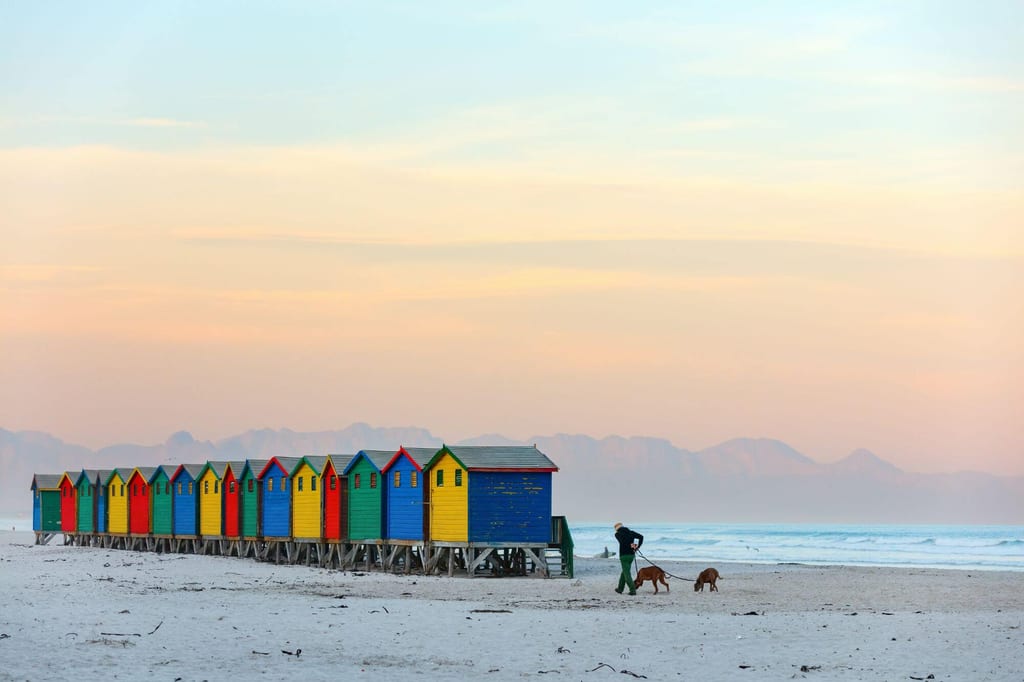 Bunte Strandhütten auf Stelzen am Meer, Person mit zwei Haustieren am Strand im Abendlicht.