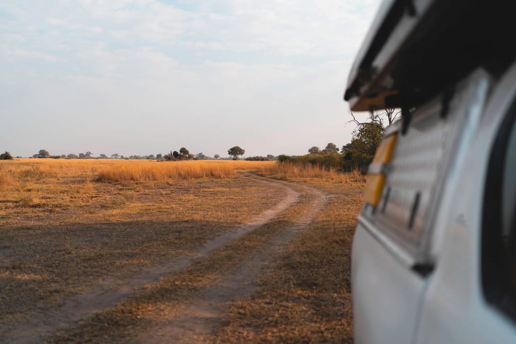 Geschwungene Sandpiste durch trockenes Grasland mit Safari-Fahrzeug im Vordergrund, Nkasa Rupara, Namibia