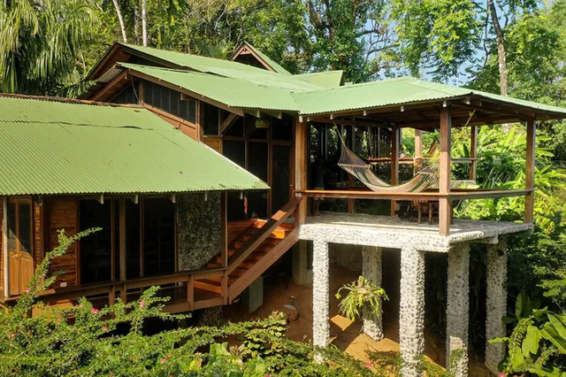 Stelzen-Holzhaus mit Terrasse und Hängematte in dichter, sonniger Tropenvegetation