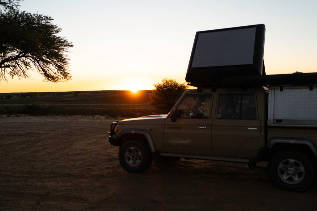 Geländewagen mit aufgeklapptem Dachzelt in der Savanne bei Sonnenuntergang