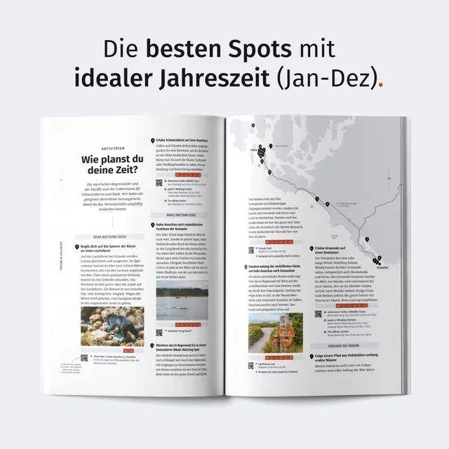 Geöffnete Magazin-Doppelseite mit Karte und Text in sachlicher Studioaufnahme.