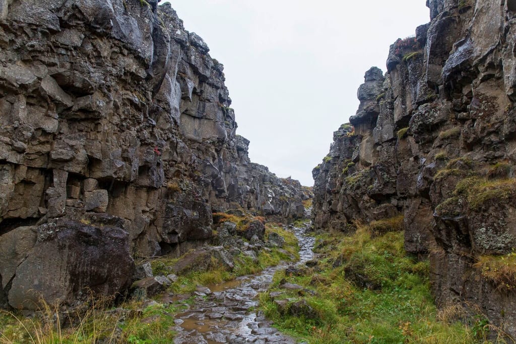 Blick in eine enge Basalt-Felsenschlucht mit nassem, felsigem Pfad und bewölktem Himmel.