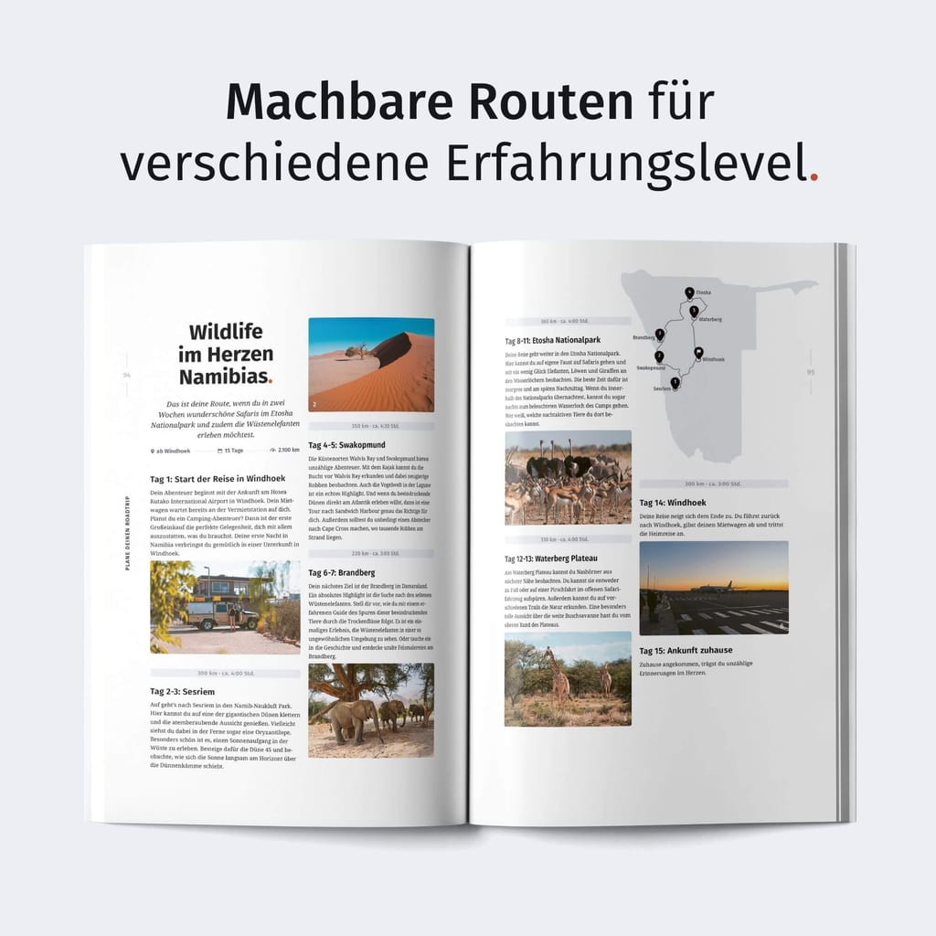 Aufgeklapptes Reisemagazin mit Routen, Fotos und Karte, frontal und hell fotografiert.