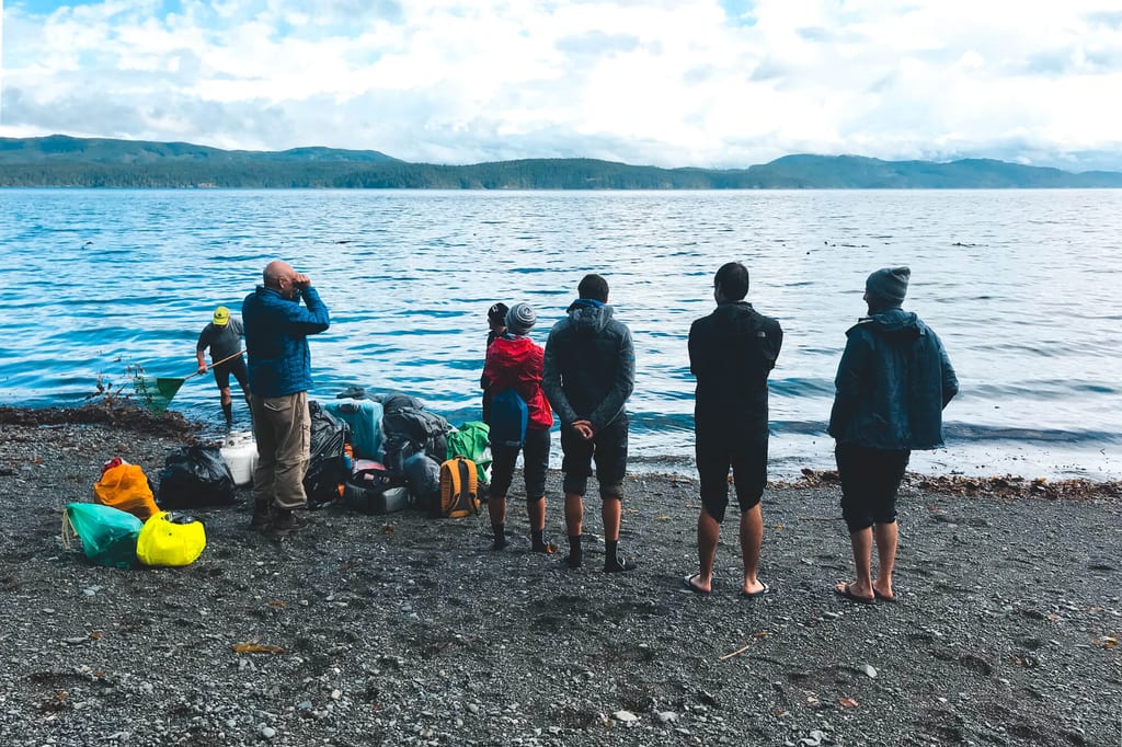 Gruppe wartet am Strand in der Johnstone Strait