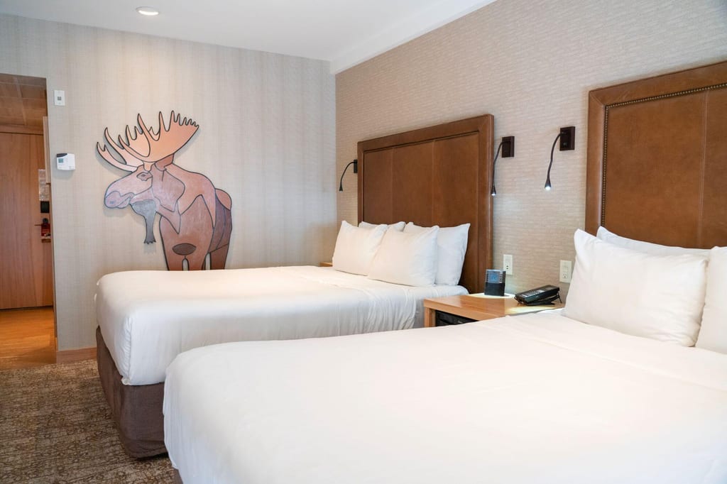 Hell beleuchtetes Hotelzimmer mit zwei Betten und Wandgrafik eines Elchs.
