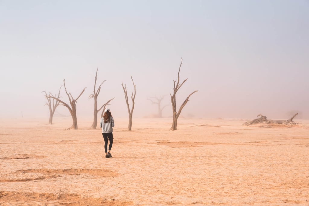 Laura im Deadvlei im Nebel