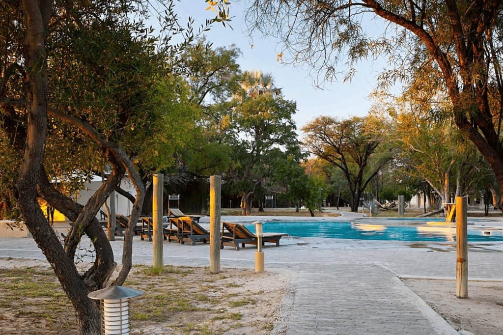 Pool mit Liegestühlen und Bäumen im warmen Licht der Abenddämmerung