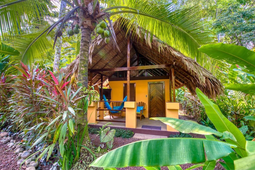 Gelber Bungalow mit Hängesessel, Palme mit Kokosnüssen und üppiger tropischer Vegetation