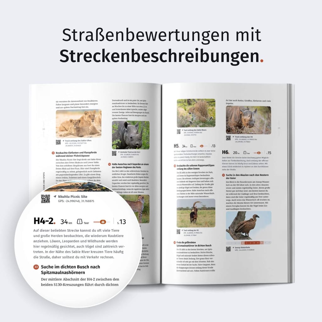Aufgeklappte Magazin-Doppelseite mit Streckenbeschreibungen und Tierfotos in Vogelperspektive.