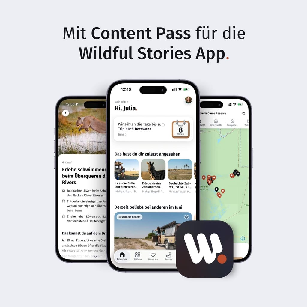 Drei Smartphones zeigen eine Reise- und Natur-App mit Kartenansicht und Artikelübersicht vor hellem Hintergrund.