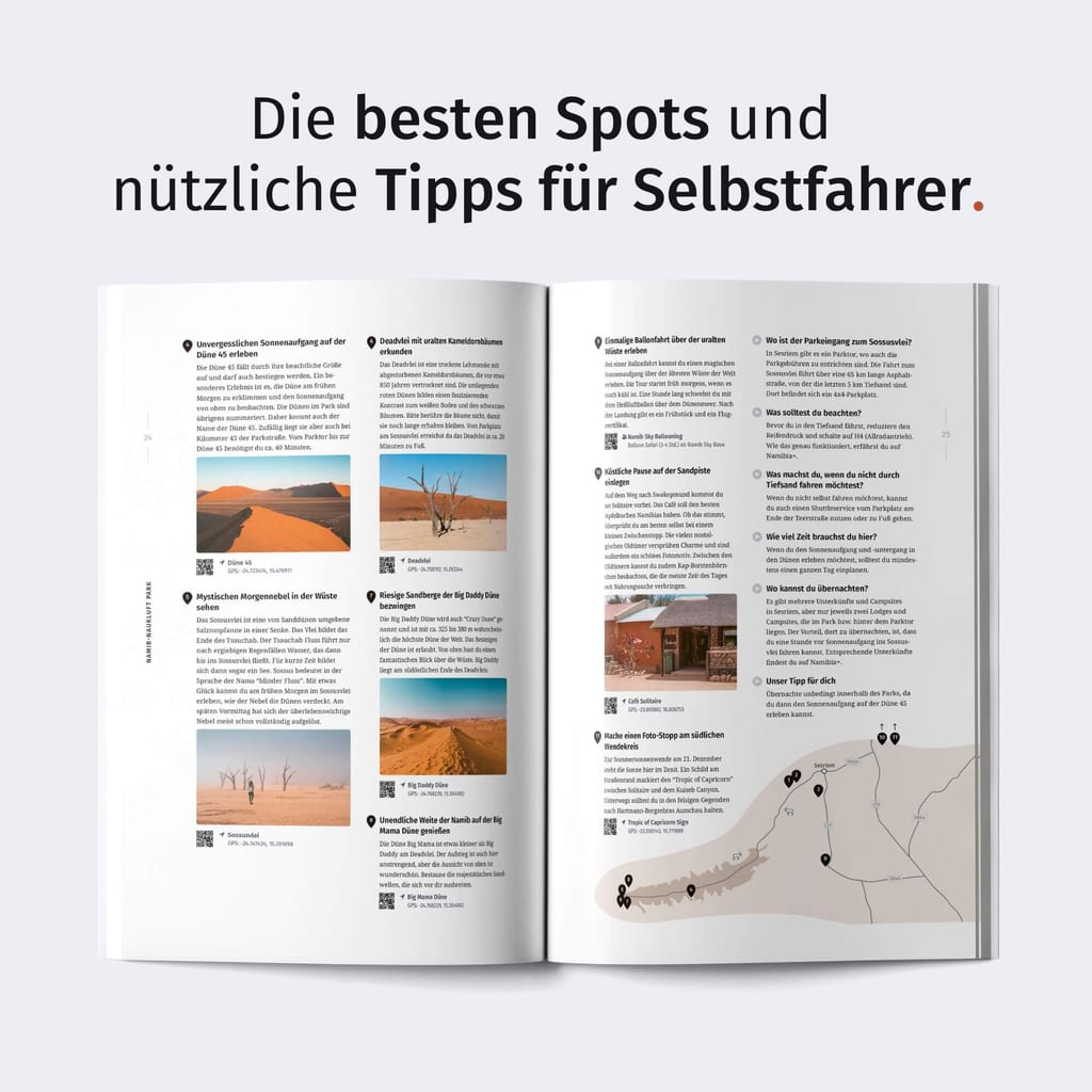 Aufgeschlagene Magazinseite mit Fotos, Textblöcken und schematischer Karte, von oben fotografiert.