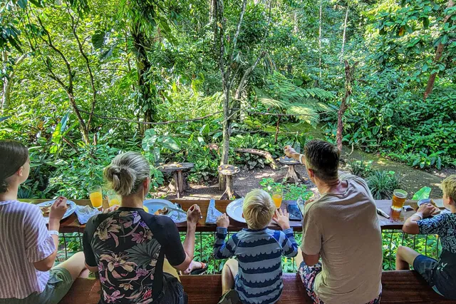 Fünf Personen frühstücken auf einer Holzterrasse mit Blick in einen dichten, grünen Regenwald.