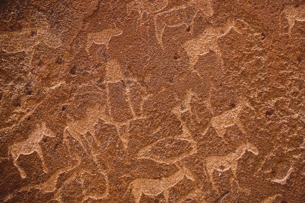 Nahaufnahme von Felsritzungen mit gravierten Tier- und menschenähnlichen Figuren auf rötlichem Gestein