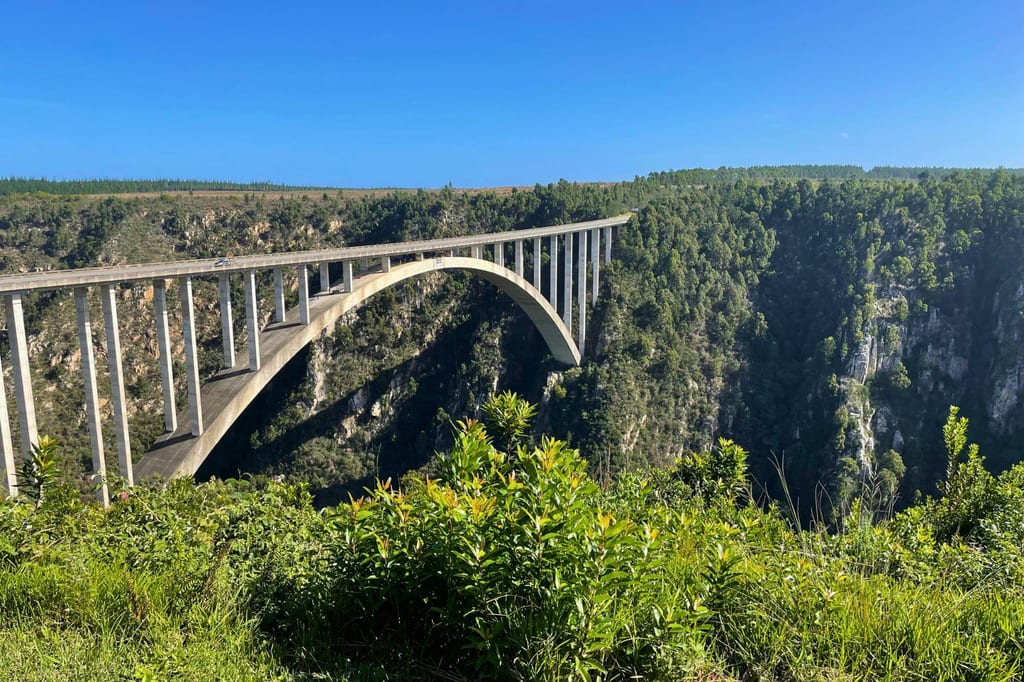 Bogenbrücke über bewaldeten Canyon, Vordergrund mit dichtem Grün und klarem blauem Himmel
