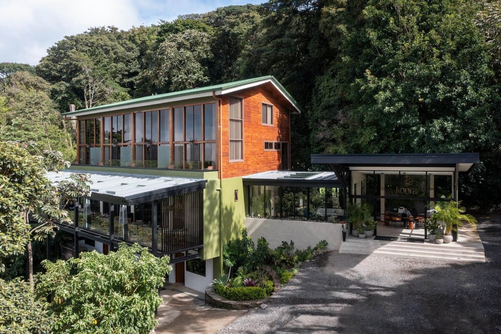 Moderne Lodge aus Holz und Glas am Rande eines dichten Regenwalds, Tageslichtaufnahme aus erhöhter Perspektive.