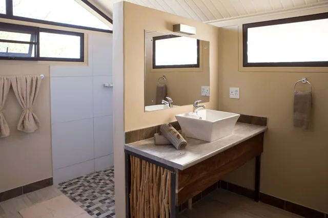 Modernes Badezimmer mit Waschbecken, Spiegel und offener Dusche bei Tageslicht.