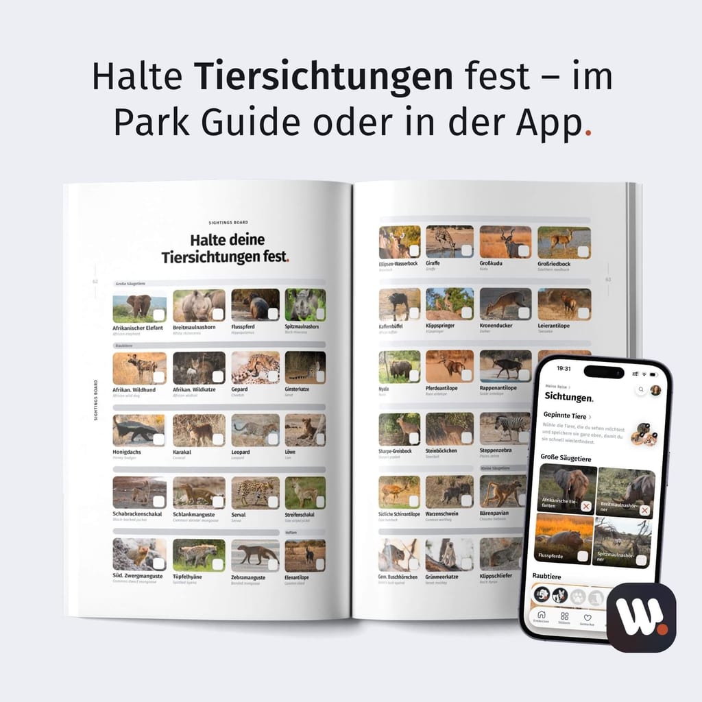 Aufgeschlagener Park-Guide mit vielen Tierfotos und einem Smartphone mit Sichtungs-App.