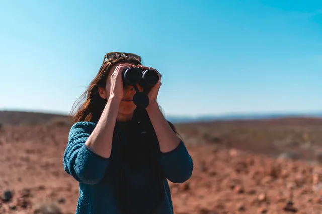 Person mit Fernglas in karger, rötlicher Landschaft bei klarem, sonnigem Himmel.