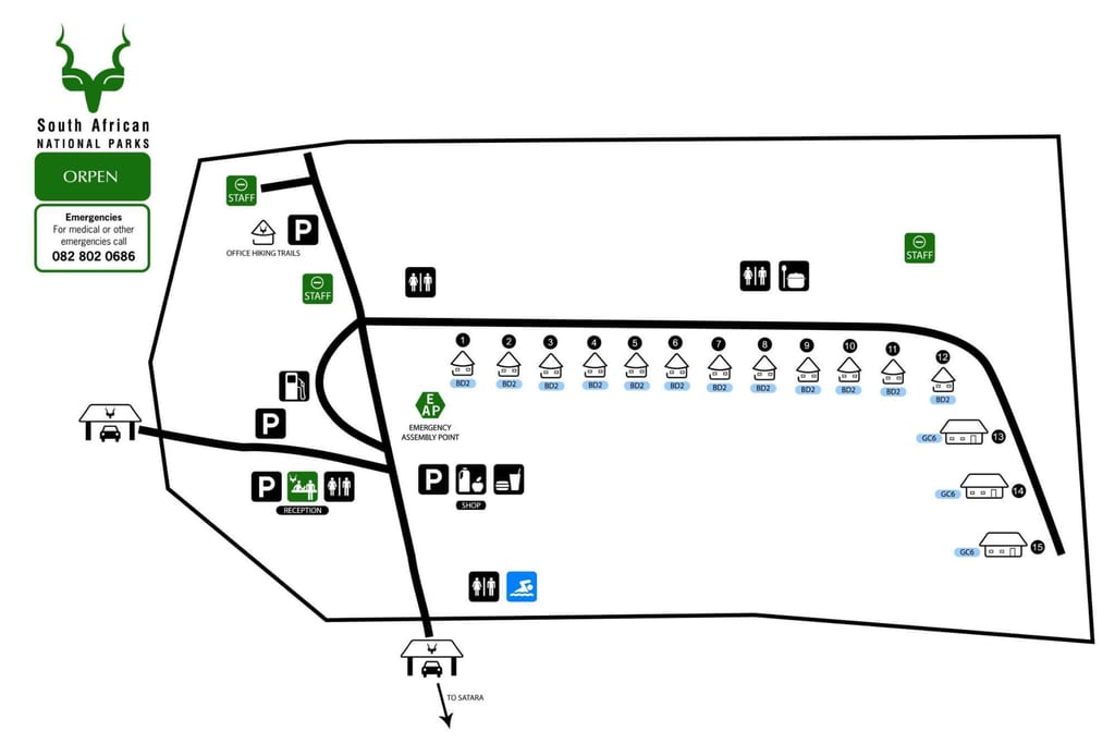 Schematische Lagekarte des Orpen-Camps mit Unterkünften, Parkplätzen, Rezeption und Symbolen.