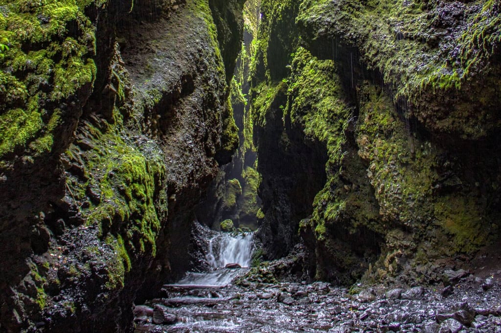 Moosbedeckte enge Schlucht mit kleinem Wasserfall und nassen Steinen, diffuses Licht von oben