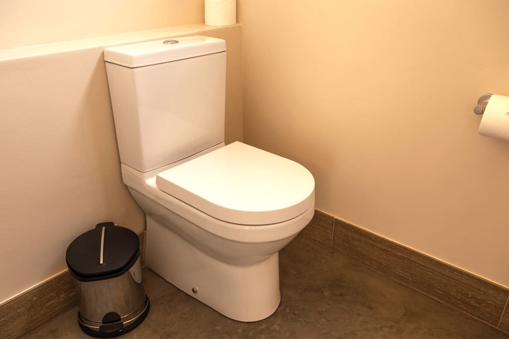 Weißes Stand-WC in kleinem Badezimmer mit Papierhalter und Treteimer, warmes Licht, seitliche Ansicht.