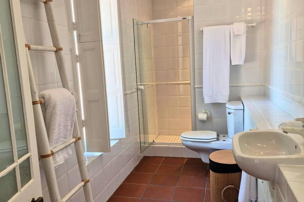 Helles Badezimmer mit Dusche, Toilette, Waschbecken und Handtuchleiter, Blick aus der Türöffnung