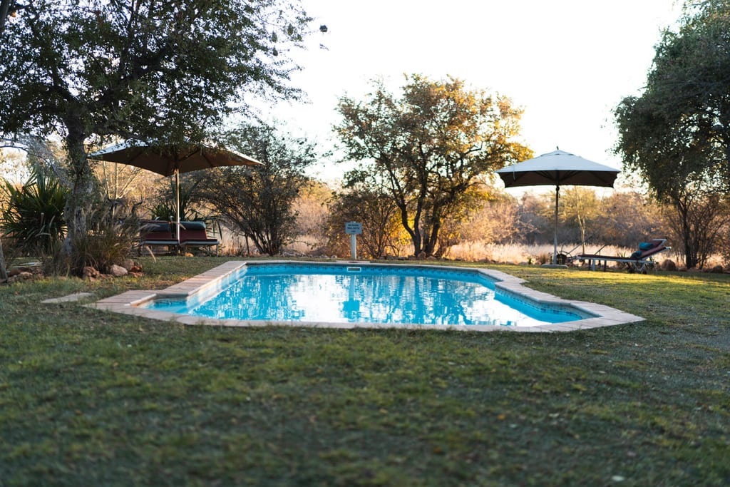 Swimmingpool mit Liegestühlen und Sonnenschirmen in einer baumbestandenen Anlage bei spätem Nachmittagslicht.