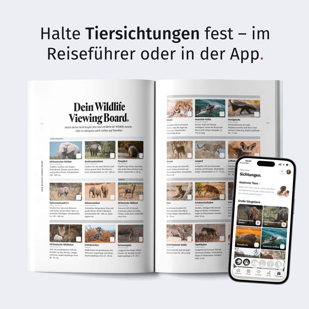 Offene Reiseschmöker-Doppelseite mit Tierfotos und Smartphone-App auf hellem Hintergrund.