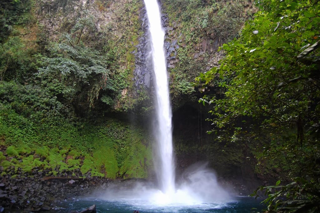 Frontalansicht eines hohen Wasserfalls, der in einen türkisfarbenen Gumpen stürzt, umgeben von dichtem Grün.