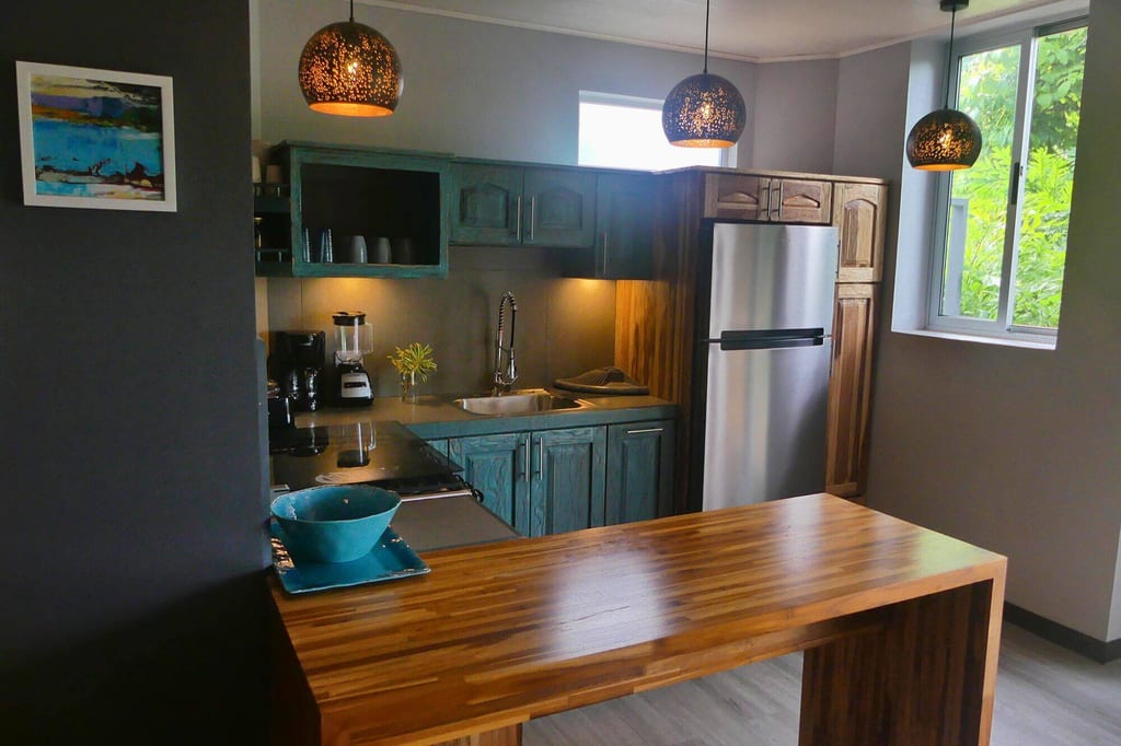 Kleine moderne Küche mit Holztheke, türkisen Schränken und Edelstahlkühlschrank bei Tageslicht.