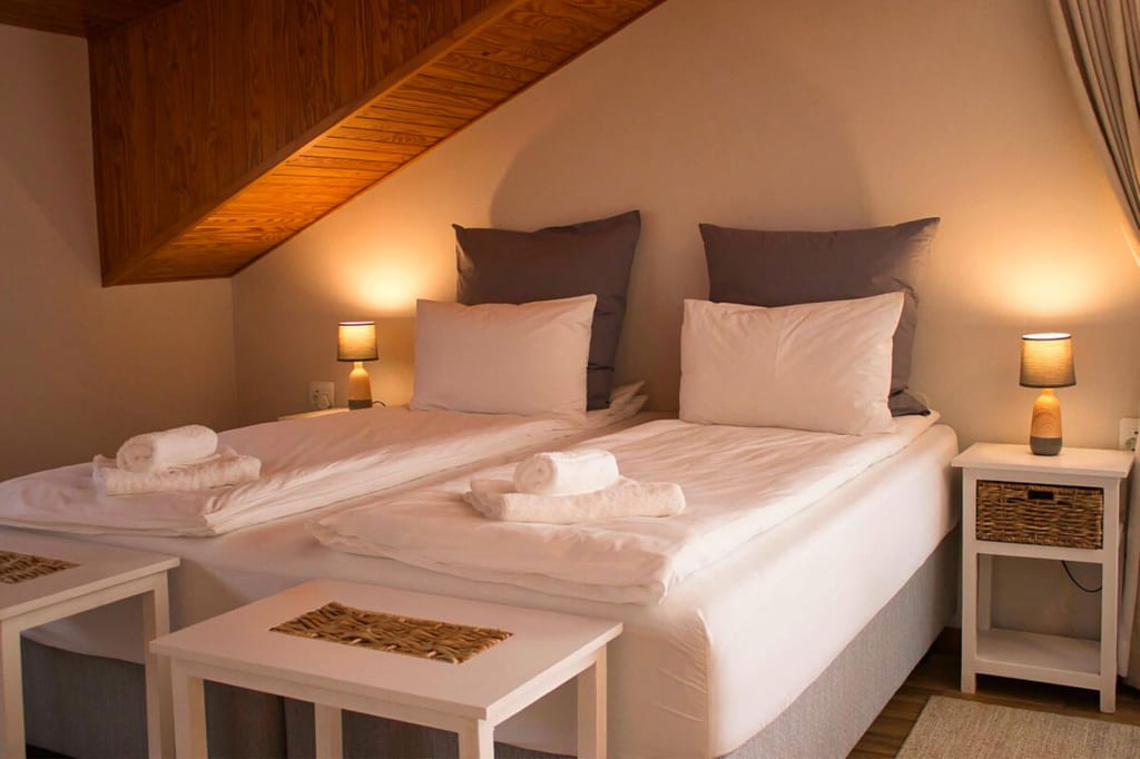Gemütliches Zimmer mit zwei Einzelbetten, Dachschräge und warmen Nachttischlampen.