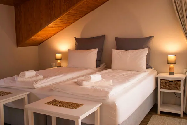 Gemütliches Zimmer mit zwei Einzelbetten, Dachschräge und warmen Nachttischlampen.