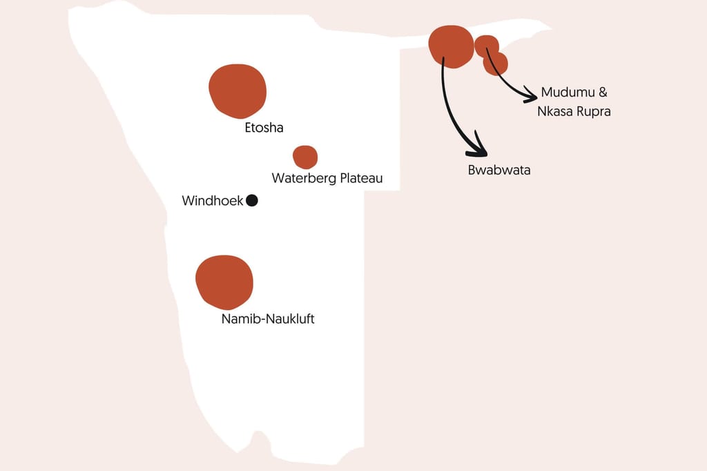 Stilisierte Karte von Namibia mit markierten Schutzgebieten wie Etosha, Namib‑Naukluft und Bwabwata.