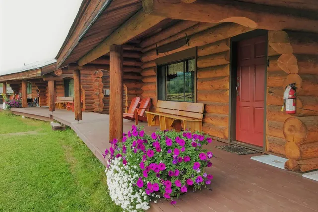 Veranda eines Blockhauses mit Holzbänken und einem Blumentopf mit lila und weißen Blüten.