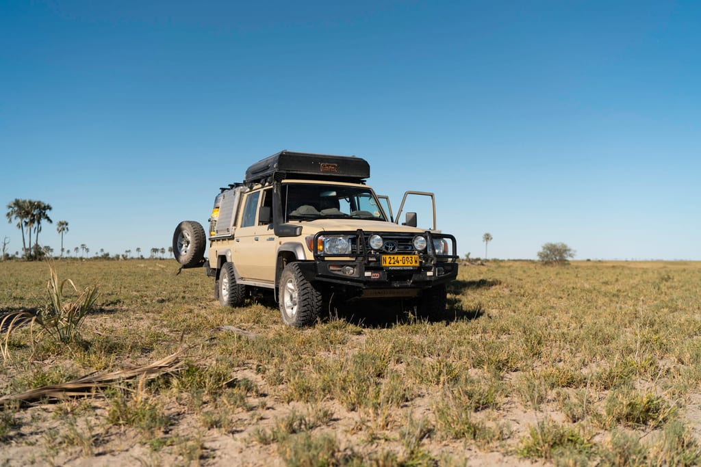 Sandfarbener Geländewagen mit Dachgepäck auf weiter Grassteppe unter klarem blauem Himmel.