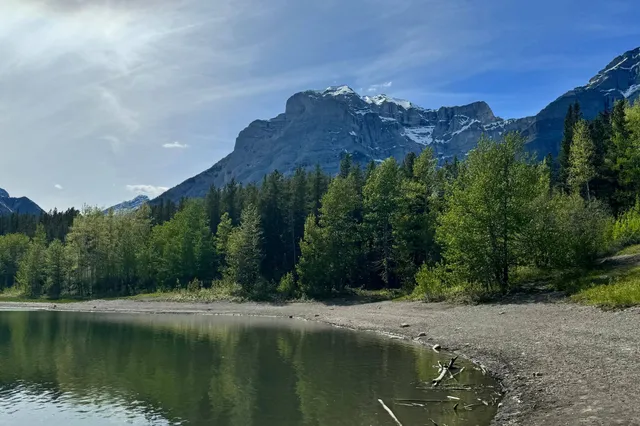 Bergsee mit Ufer und spiegelnden Bäumen vor schneebedeckten Felsen im klaren Nachmittagslicht