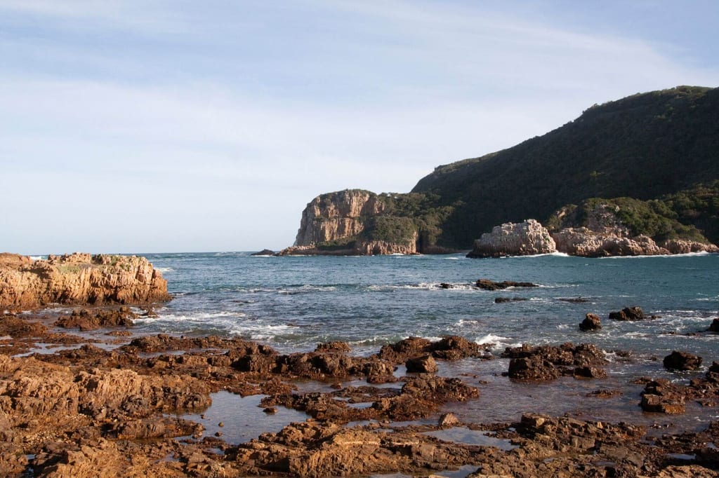 Felsige Küste mit Gezeitentümpeln, Meer und bewachsener Klippe im Hintergrund bei Tageslicht.