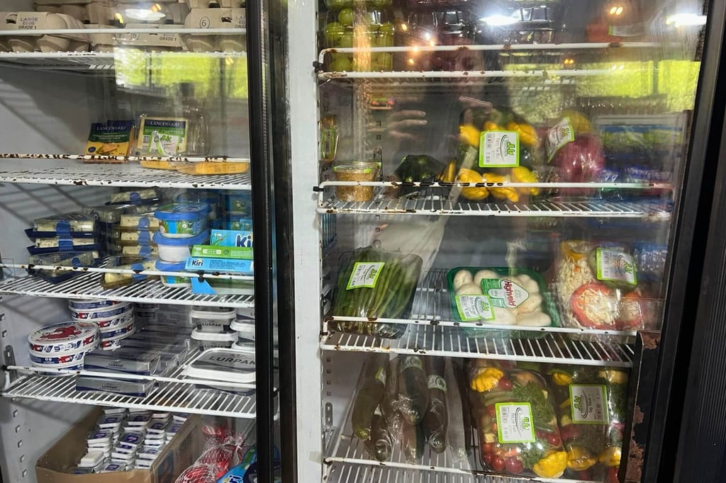 Frontansicht einer gekühlten Ladenvitrine mit Milchprodukten links und verpacktem Gemüse rechts
