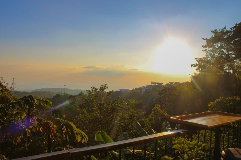 Terrassenblick über grünen Wald bei Sonnenuntergang mit warmem Abendlicht und Geländer