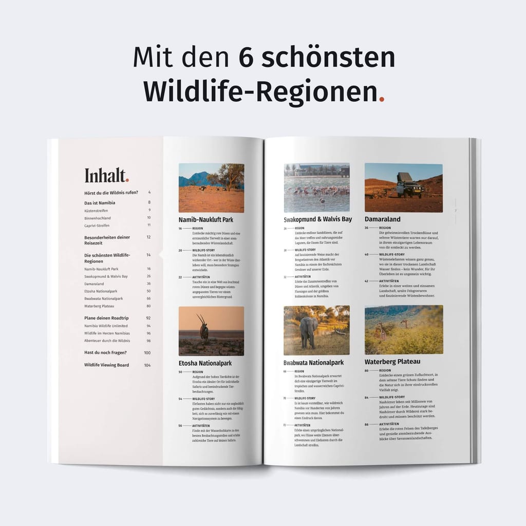 Aufgeklapptes Magazin mit Überschrift zu Wildlife‑Regionen und mehreren kleinen Landschafts‑ und Tierfotos.