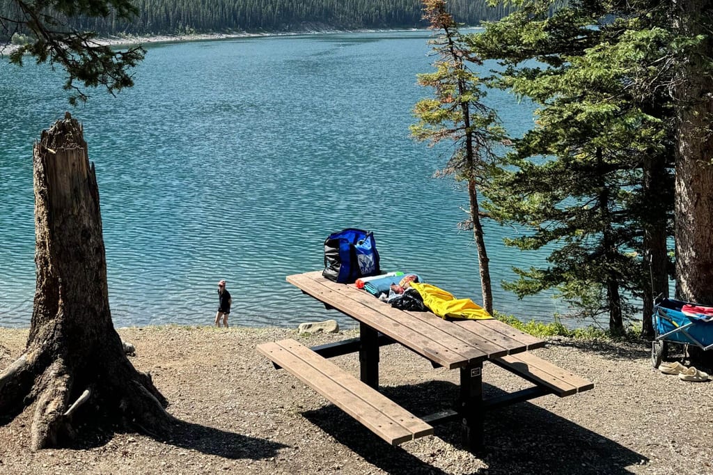 Picknicktisch am Waldufer mit Blick auf einen ruhigen See und eine Person am Ufer.