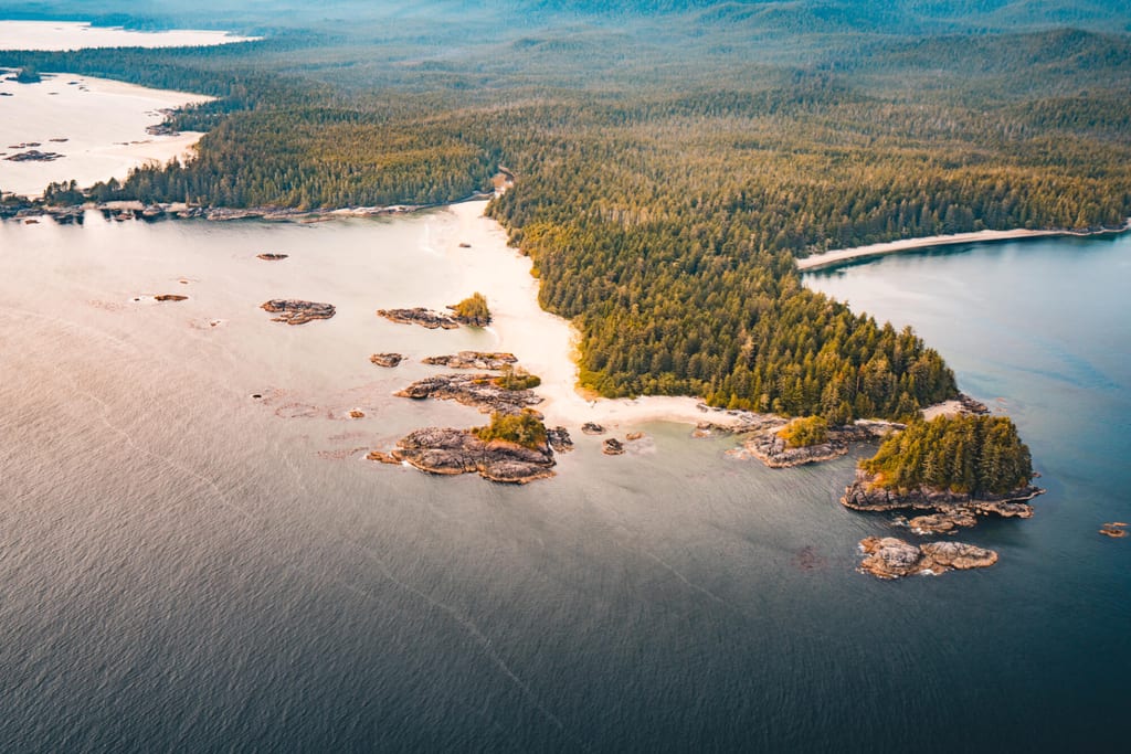 Luftbild einer bewaldeten Küste mit Sandstränden und kleinen Felsinseln im ruhigen Abendlicht.