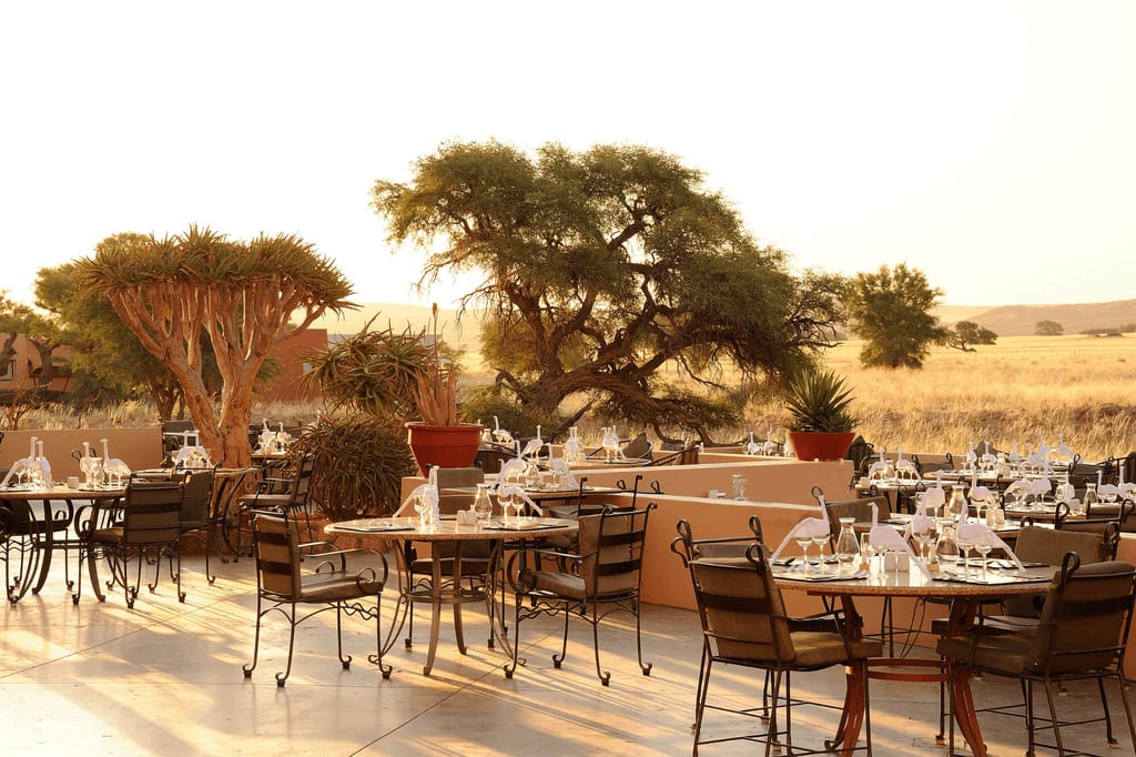 Gedeckte Außen-Terrasse in warmem Abendlicht mit Bäumen und weitem Grasland im Hintergrund.